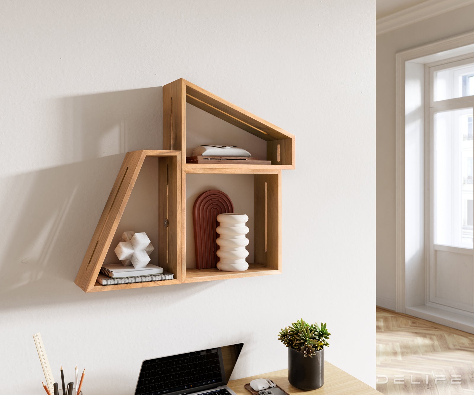 Komplet 3 stenskih polic Wyatt 70x55cm, Material: Akacija