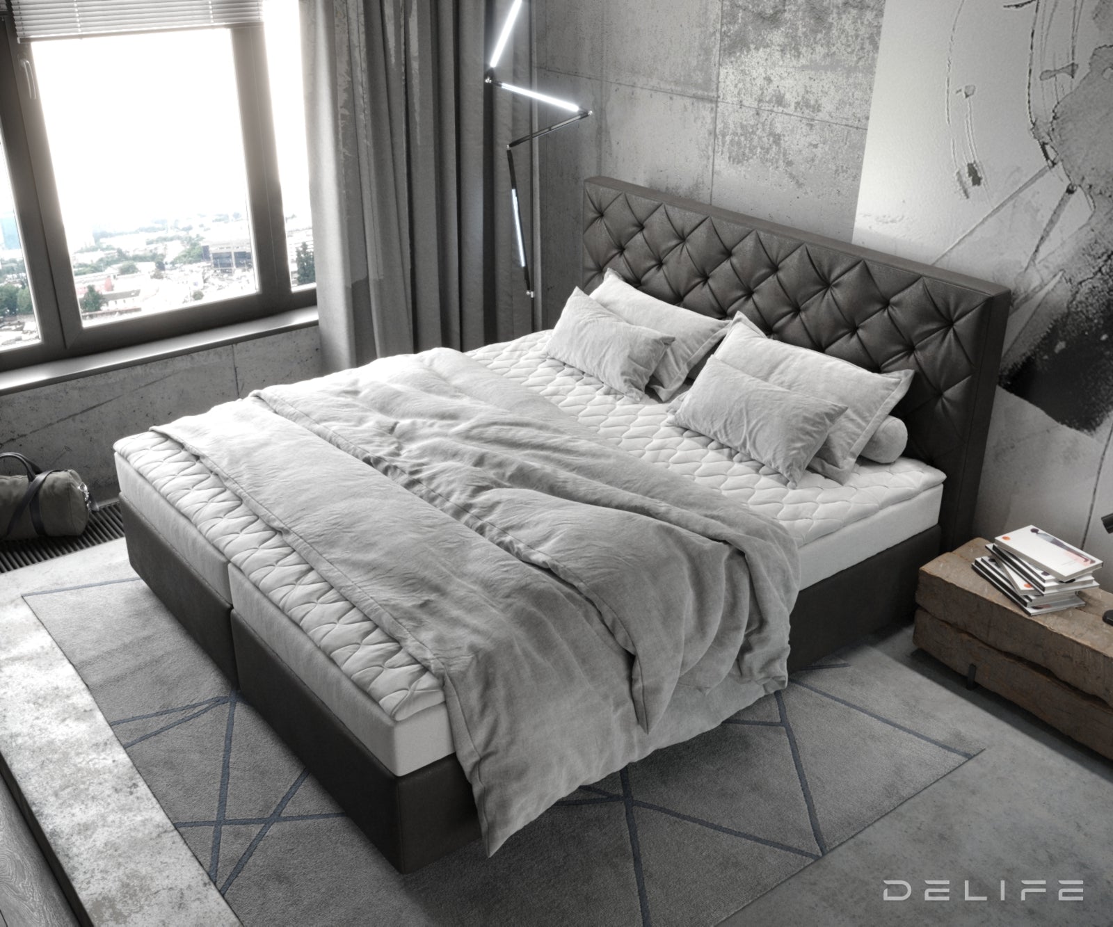 Postelja Dream-Great z vzmetnico in nadvložkom - Chesterfield prešita - Umetno usnje