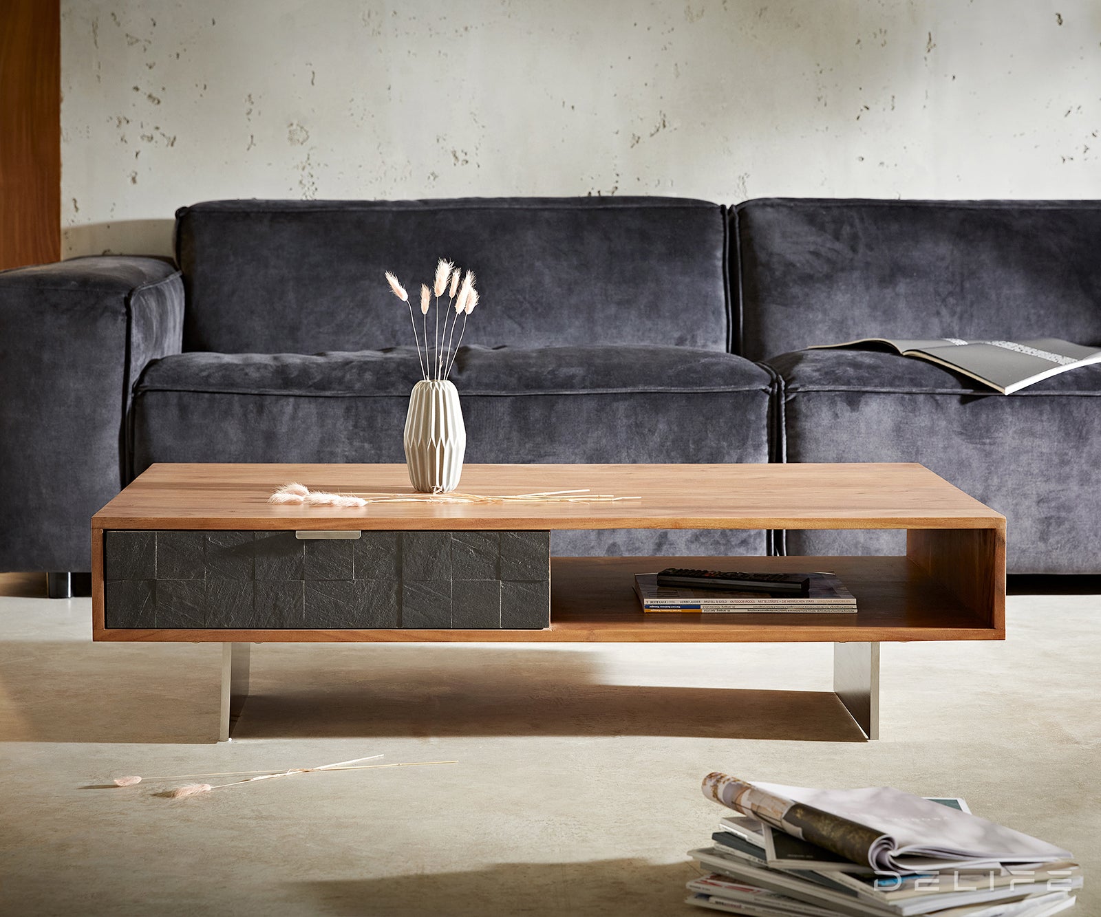 Klubska mizica Teele 115x60cm, 2 predala, Material: akacija