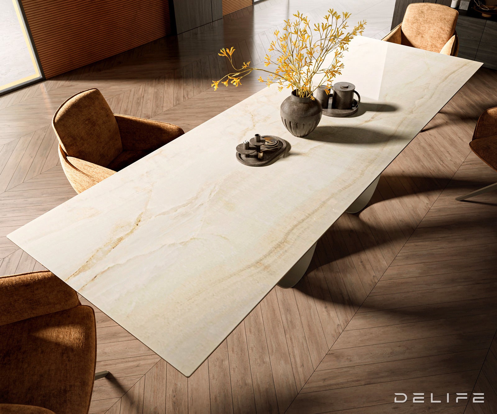 Jedilna miza z robom 300x100cm, Material: Keramika Laminam Onice Oro