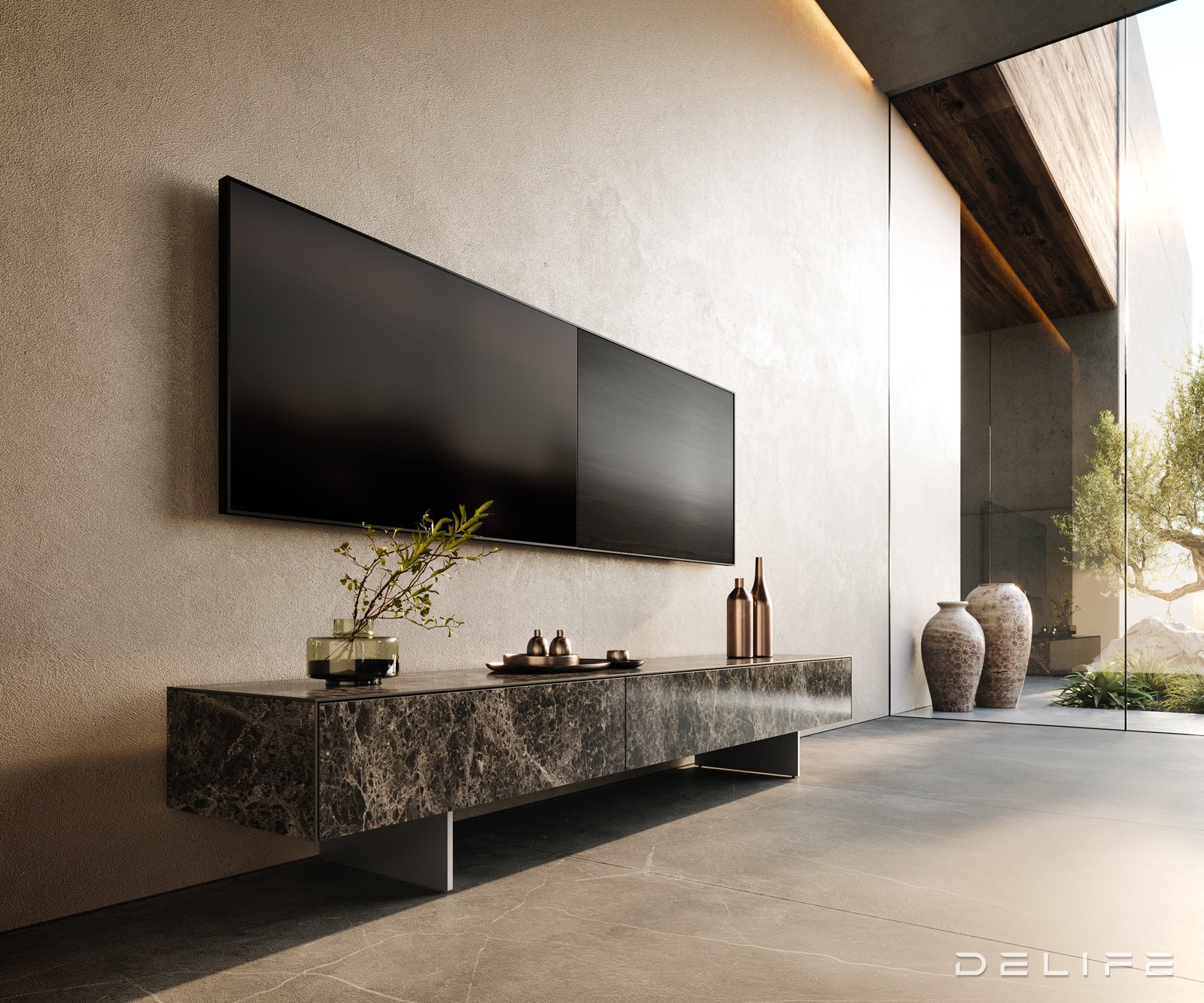 TV komoda Cuor 200x40 cm, material: Emperador Extra Lucidato