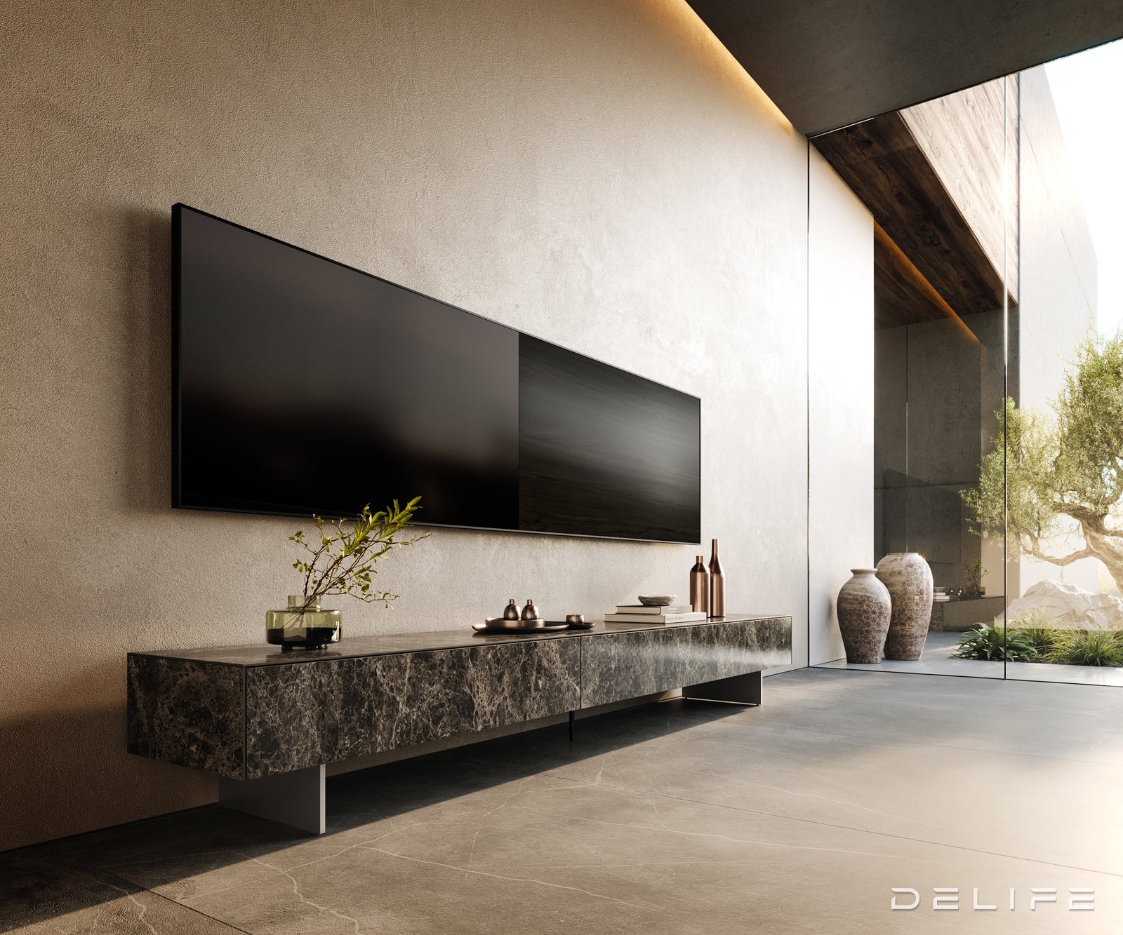 TV komoda Cuor 250x40 cm, material: Emperador Extra Lucidato