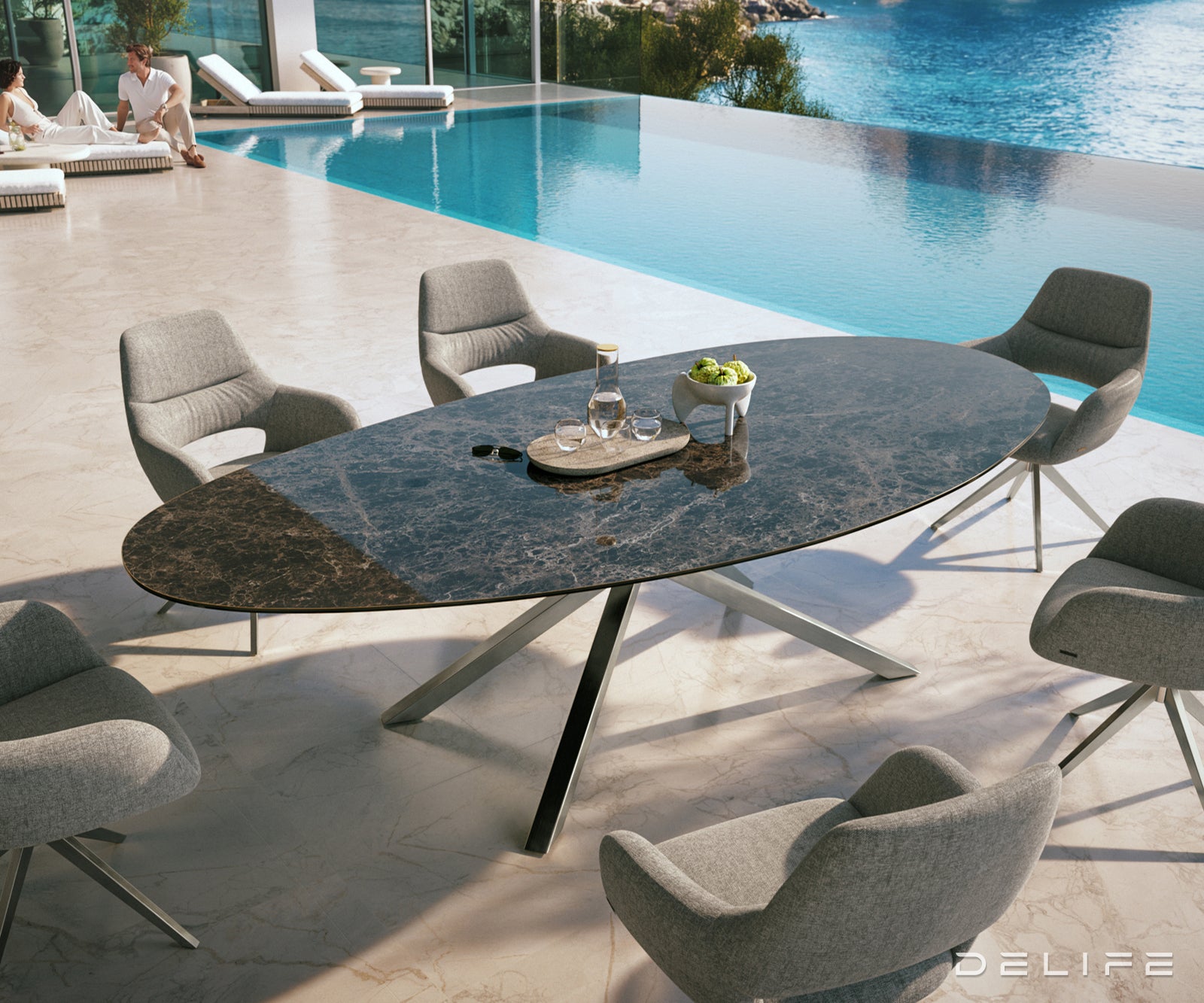 Outdoor miza Edge Oval 280x130cm, Material: keramika Emperador Extra Lucidato