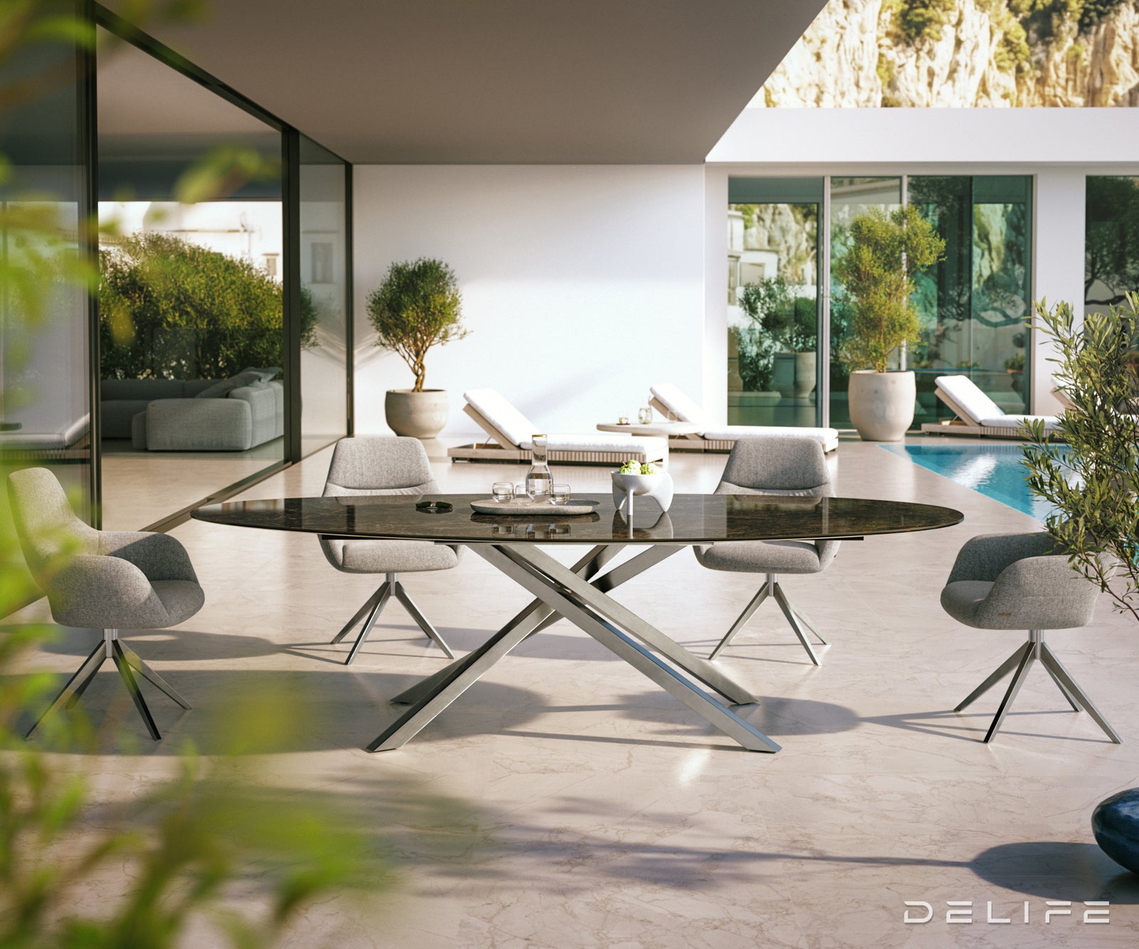 Outdoor miza Edge Oval 280x130cm, Material: keramika Emperador Extra Lucidato