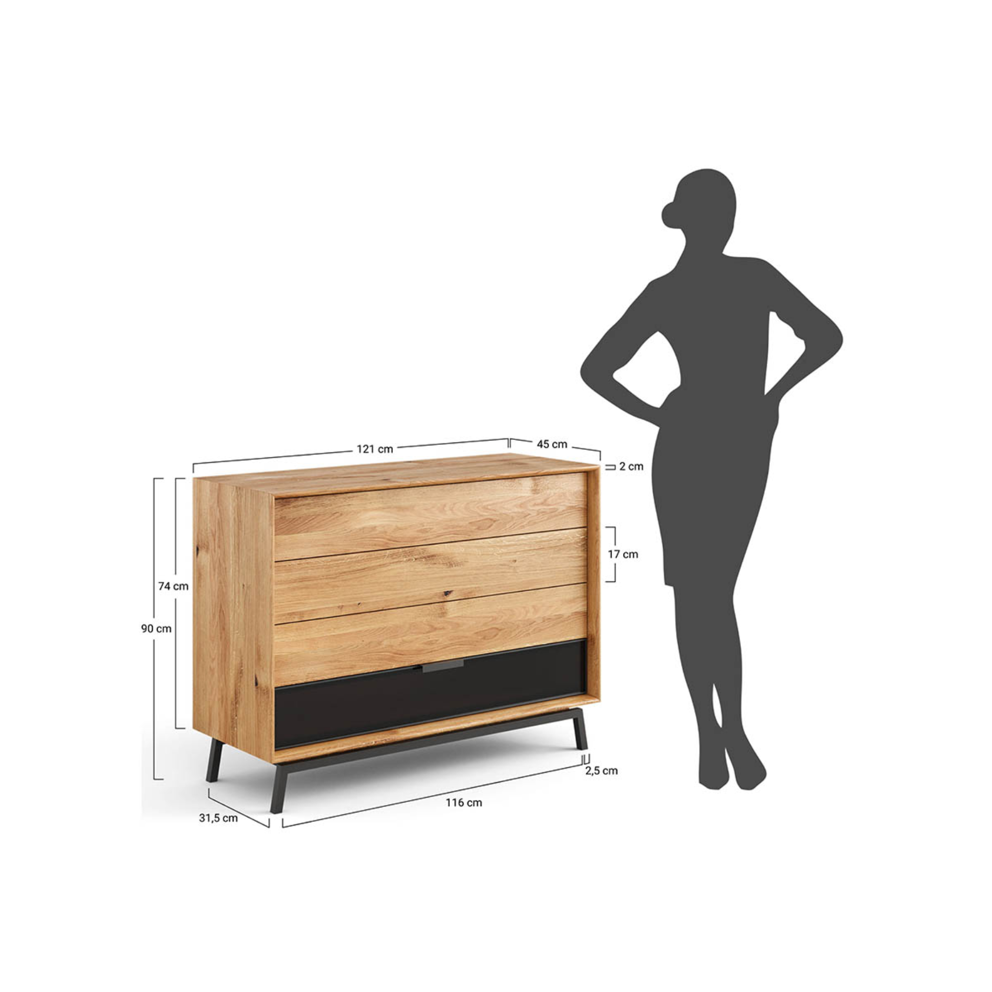 Komoda Modern Loft 120,50x45 cm s steklom, material: masivno hrastovo les