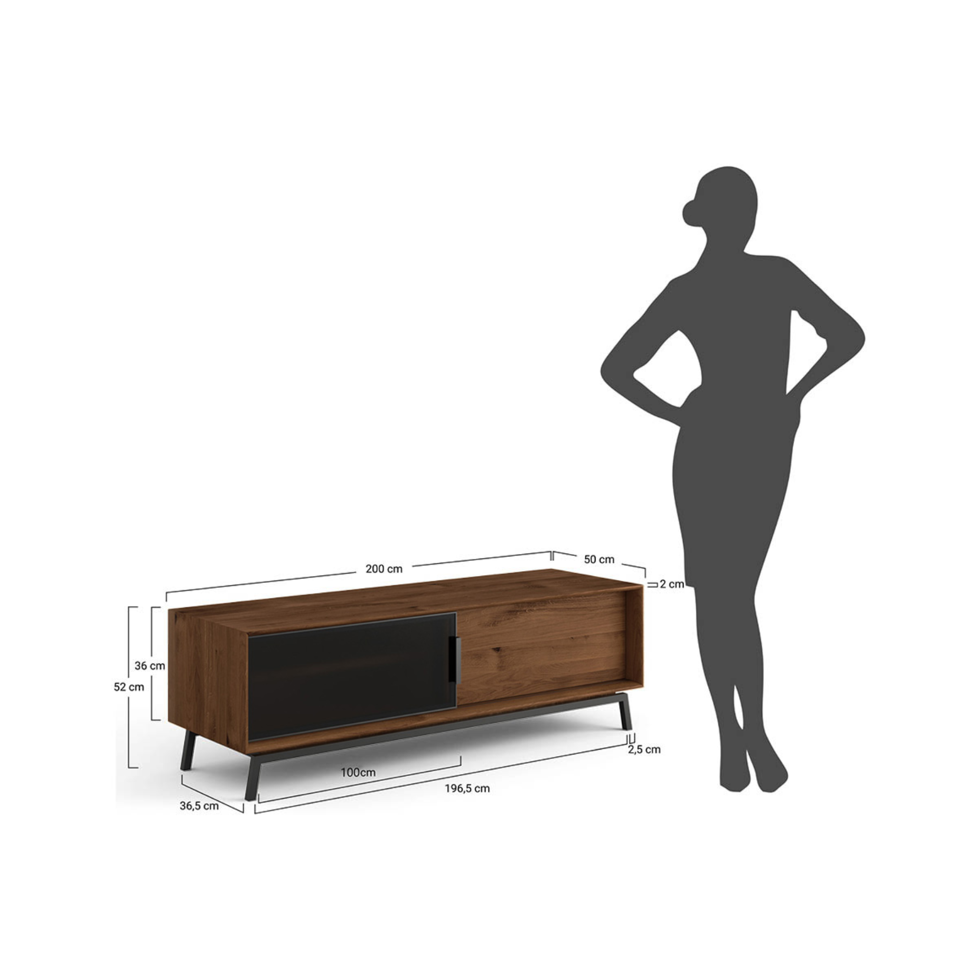TV komoda Modern Loft 200x50 cm s steklom, material: masivni hrast
