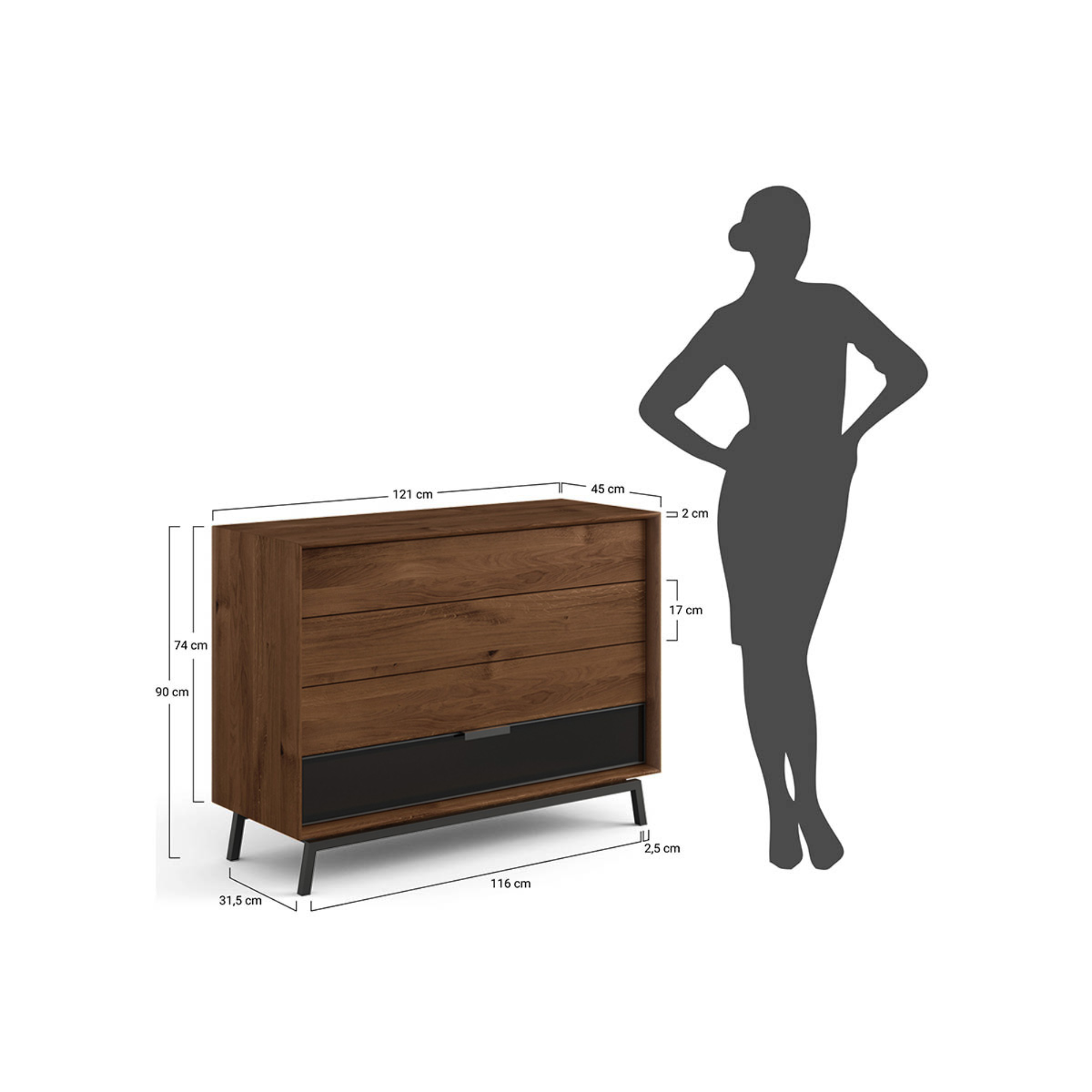 Komoda Modern Loft 120,50x45 cm s steklom, material: masivno hrastovo les