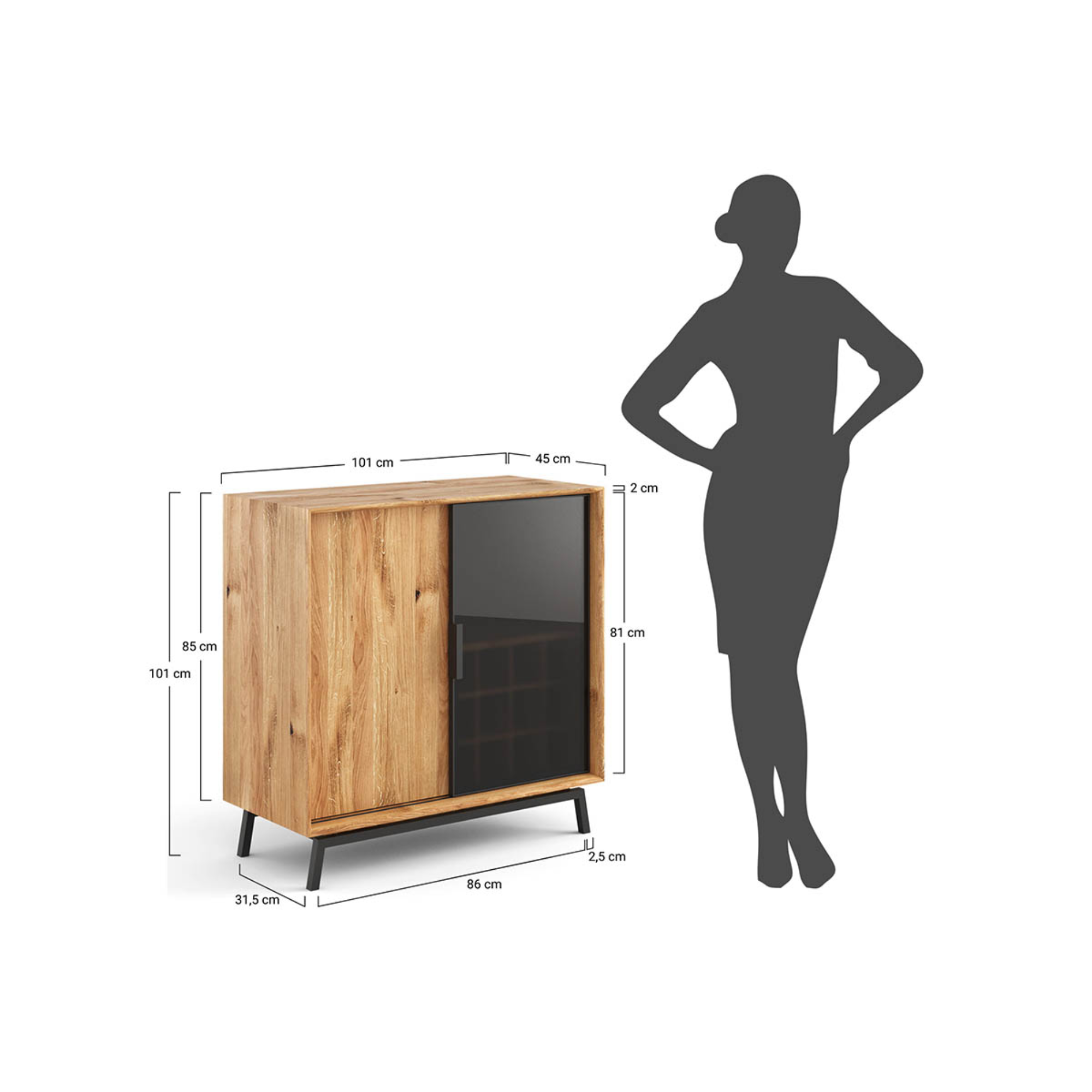 Komoda Modern Loft 101x45 cm s steklom, material: masivni hrast
