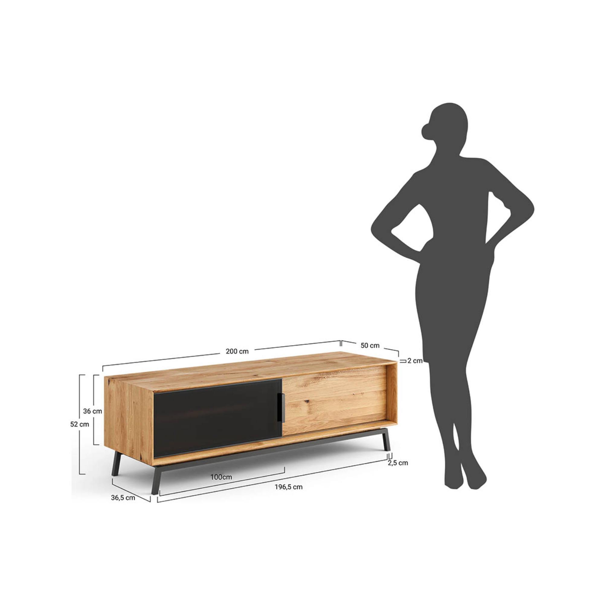 TV komoda Modern Loft 200x50 cm s steklom, material: masivni hrast
