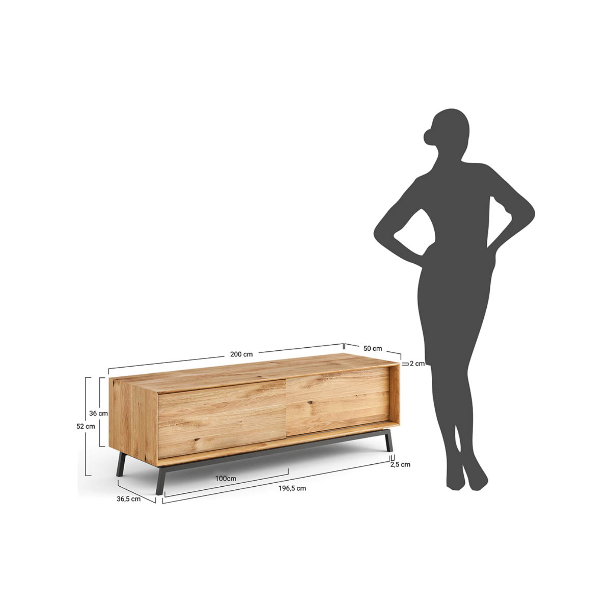TV komoda Modern Loft 200x50 cm, material: masivno hrastovo les