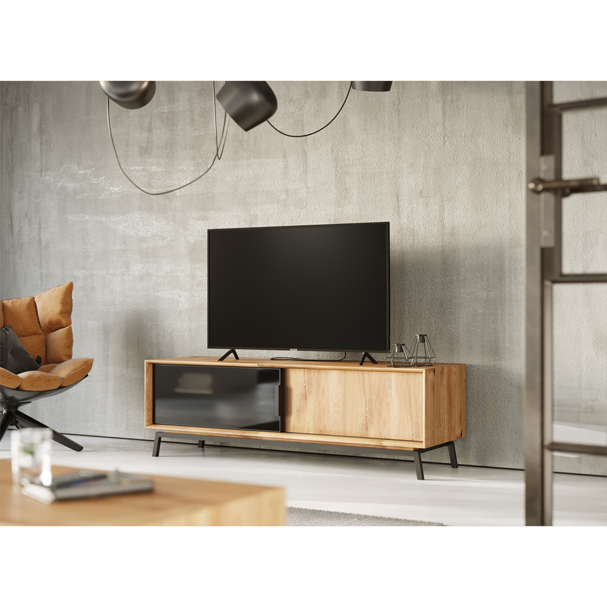 TV komoda Modern Loft 200x50 cm s steklom, material: masivni hrast