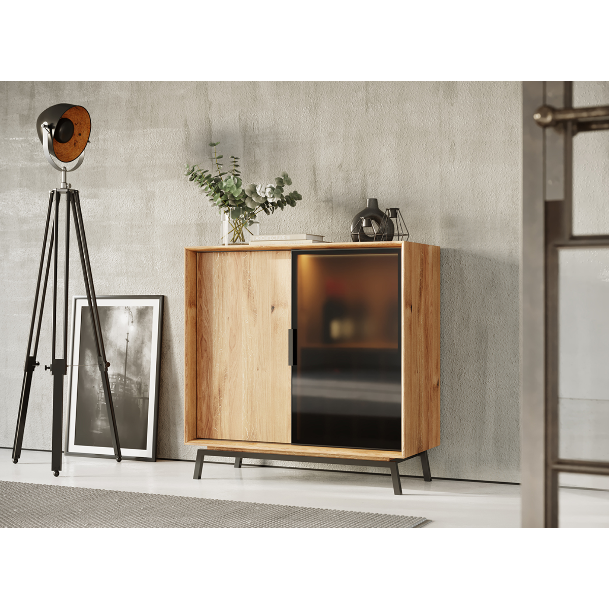 Komoda Modern Loft 101x45 cm s steklom, material: masivni hrast