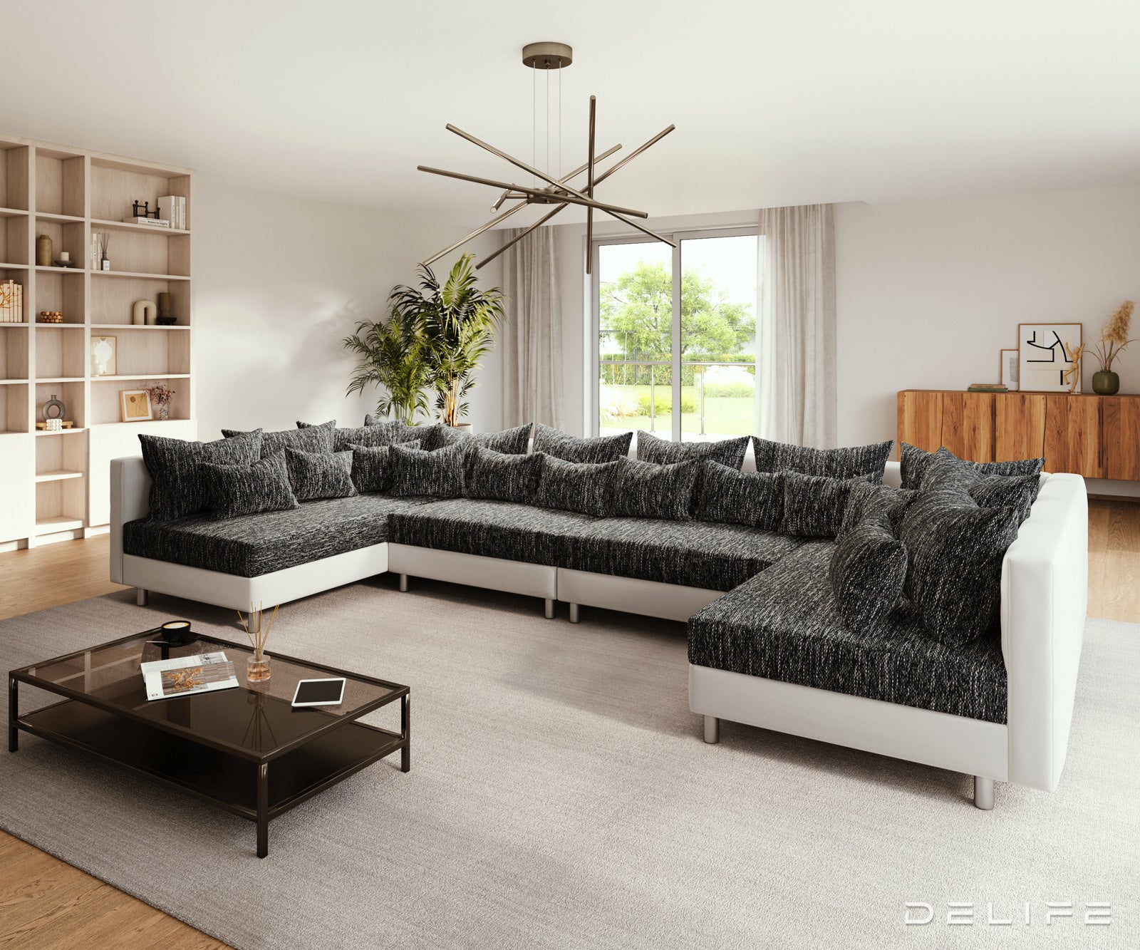 Kotna sedežna garnitura Clovis XL 400x185 cm, Material: Strukturirana tkanina/Umetno usnje