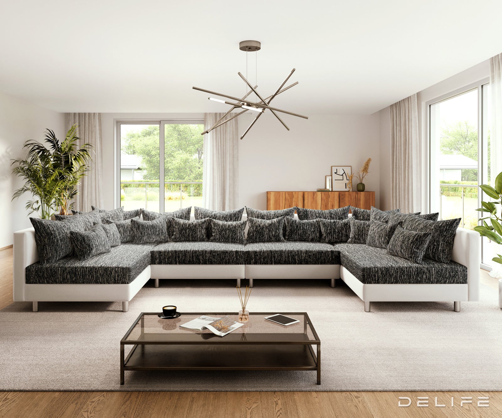 Kotna sedežna garnitura Clovis XL 400x185 cm, Material: Strukturirana tkanina/Umetno usnje