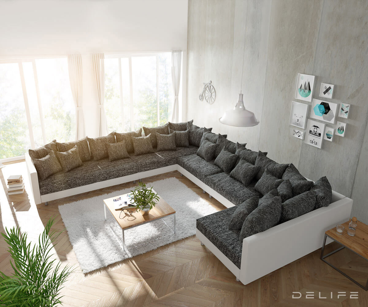 Kotna sedežna garnitura XXL Clovis 400x375cm, Material: Strukturirano blago/Umetno usnje