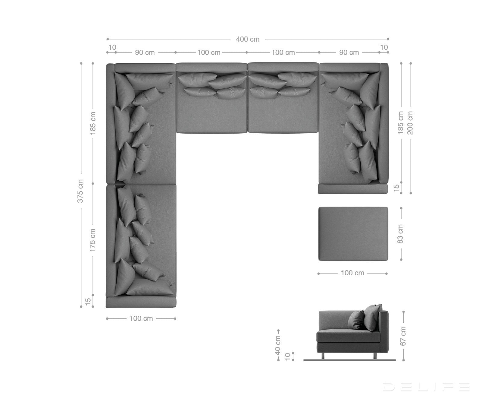 Kotna sedežna garnitura XXL Clovis 400x375cm, Material: Strukturirano blago/Umetno usnje