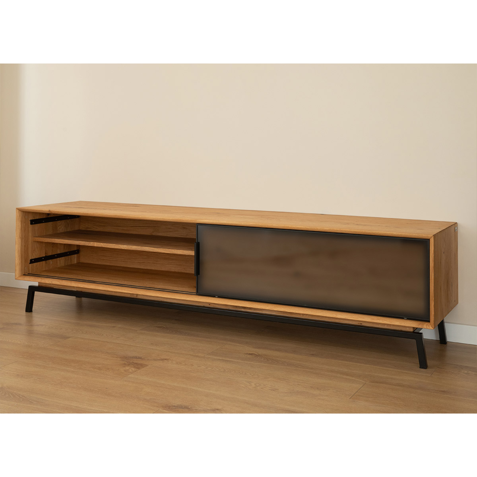 TV komoda Modern Loft 200x50 cm s steklom, material: masivni hrast