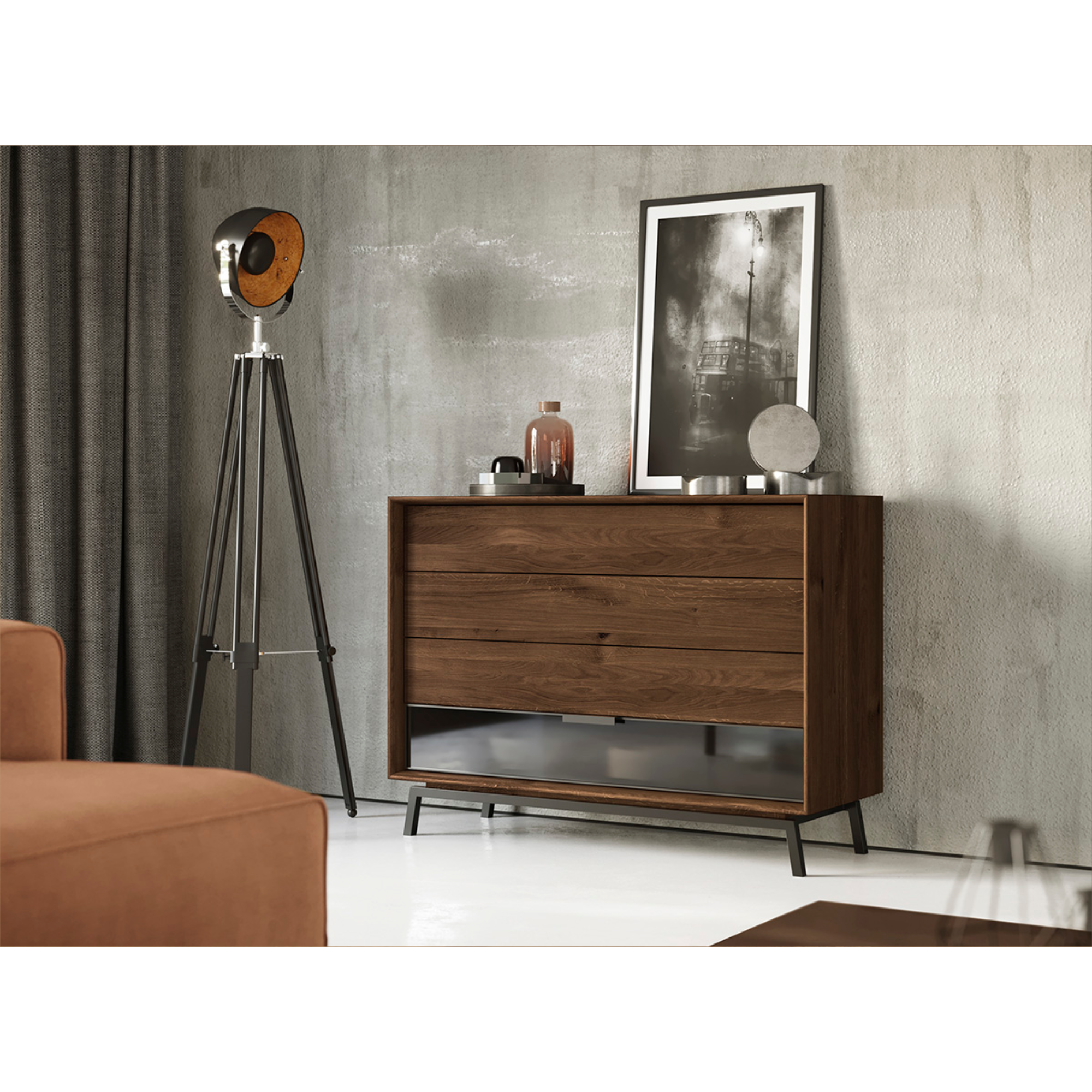 Komoda Modern Loft 120,50x45 cm s steklom, material: masivno hrastovo les