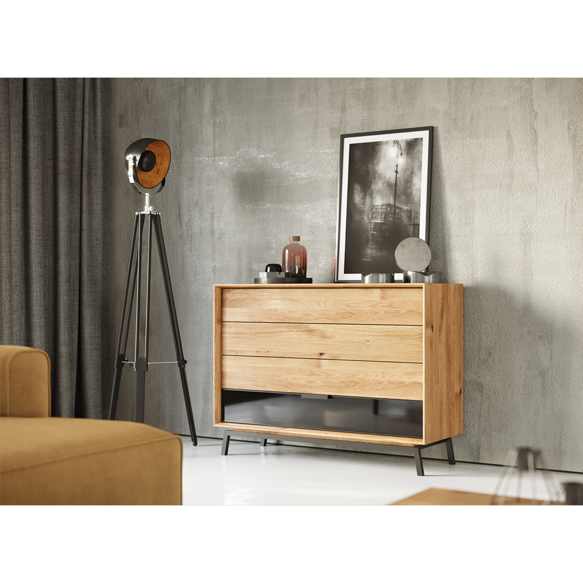 Komoda Modern Loft 120,50x45 cm s steklom, material: masivno hrastovo les