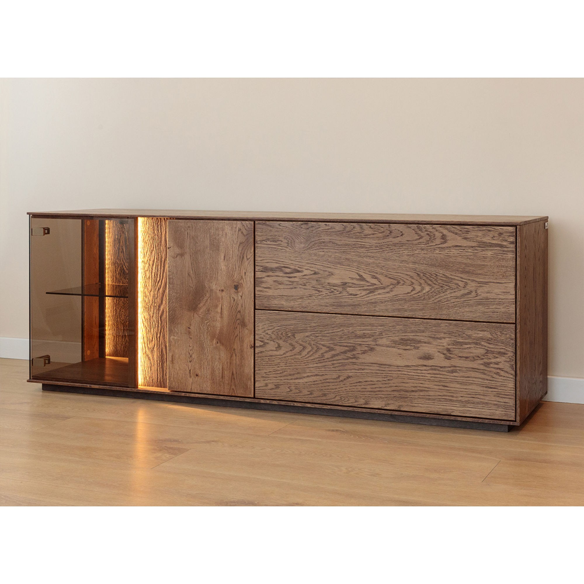 TV komoda Collodi s steklom, material: masivni hrast