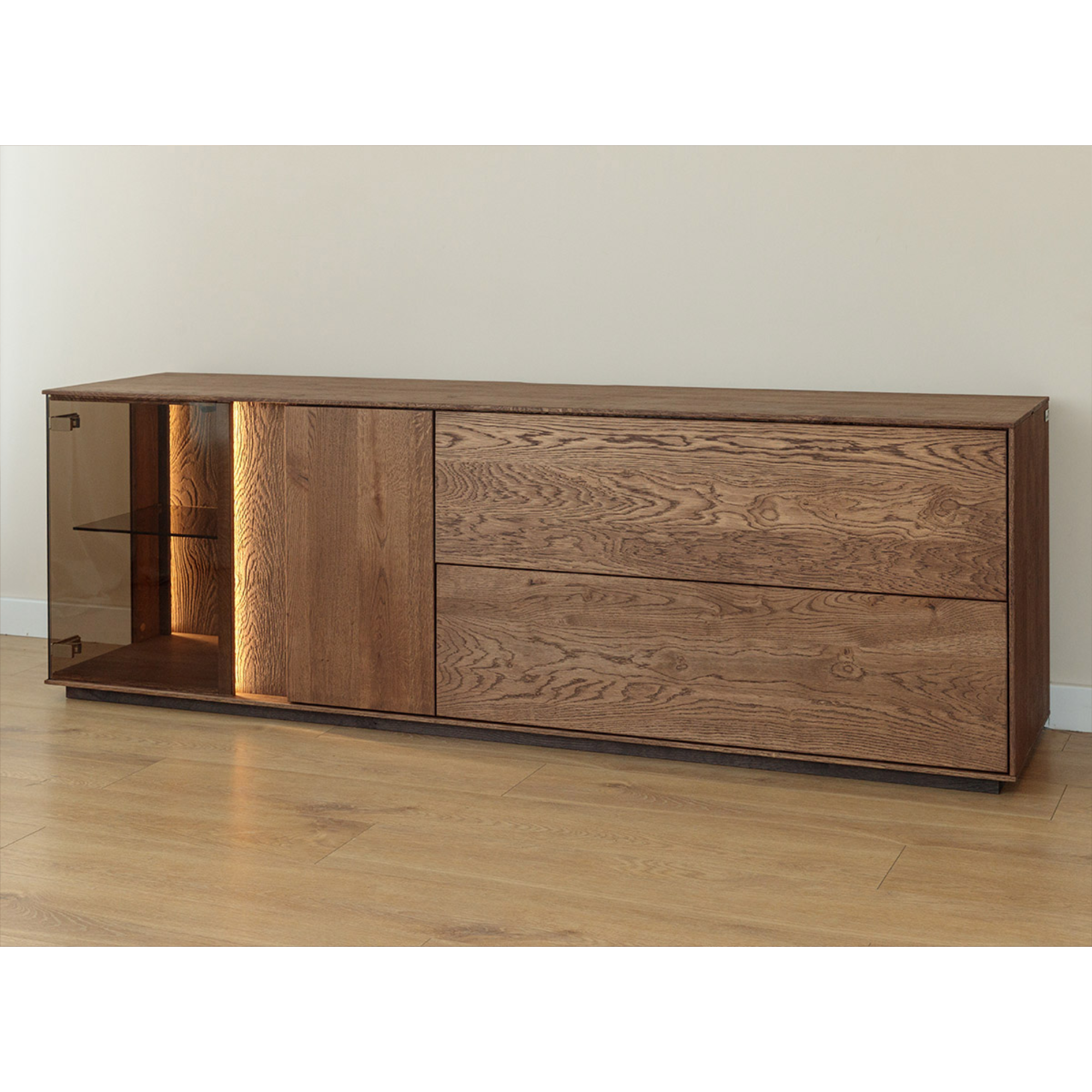 TV komoda Collodi s steklom, material: masivni hrast
