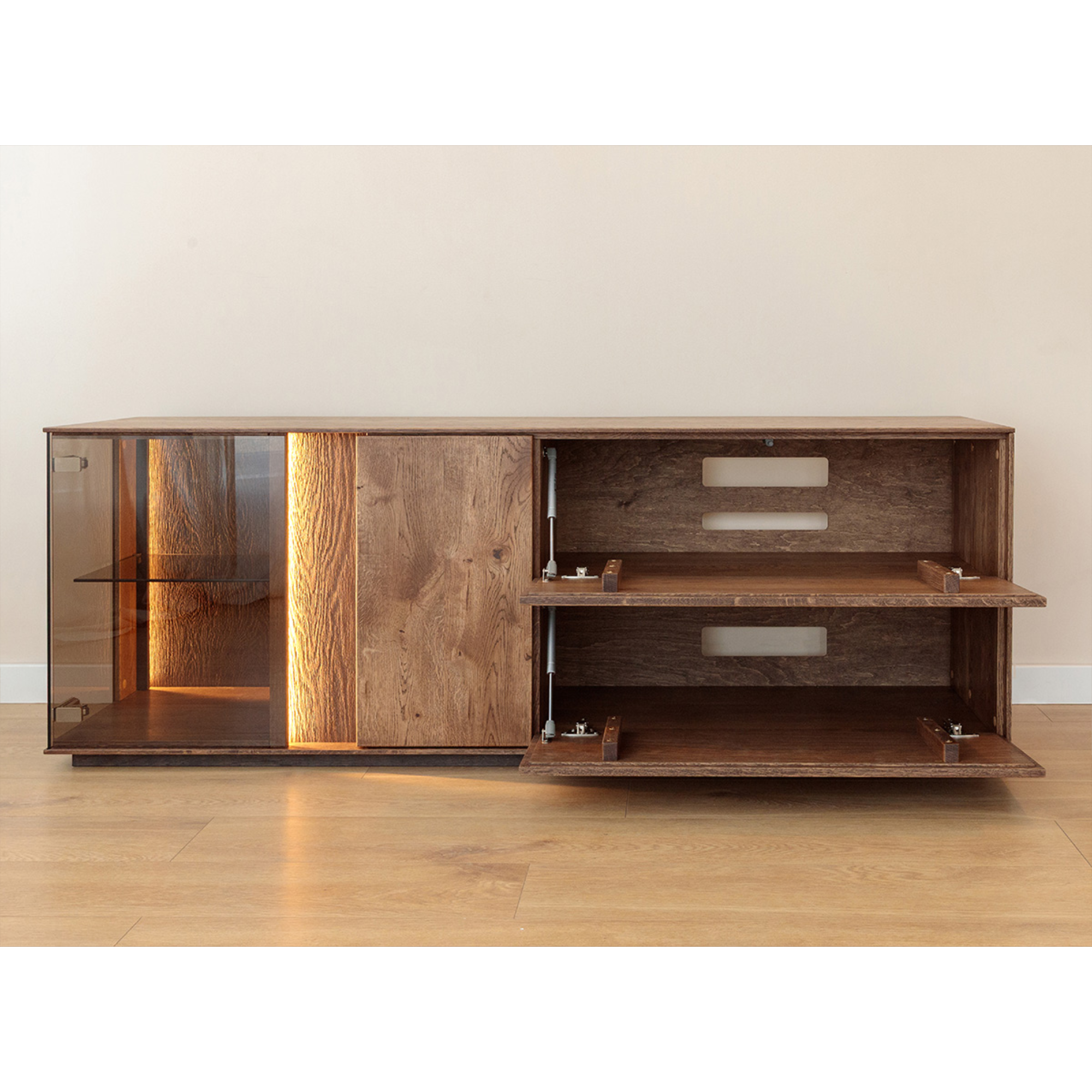 TV komoda Collodi s steklom, material: masivni hrast