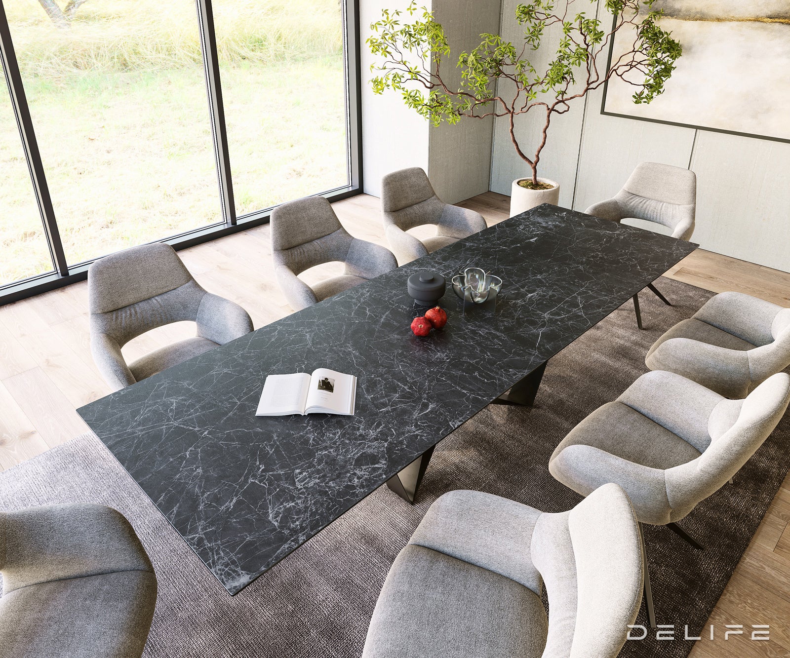 Jedilna miza z robom 300x100cm, Material: Keramika Laminam Nero Greco
