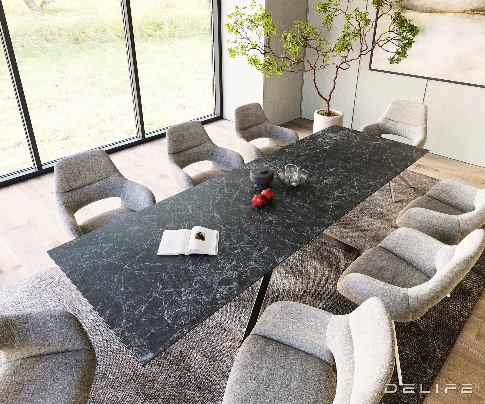 Jedilna miza z robom 300x100cm, Material: Keramika Laminam Nero Greco