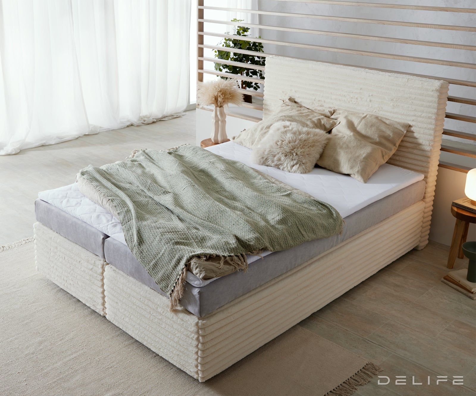 Postelja Dream Well z vzmetnico in nadvložkom, material: Plišasta rebrasta tkanina