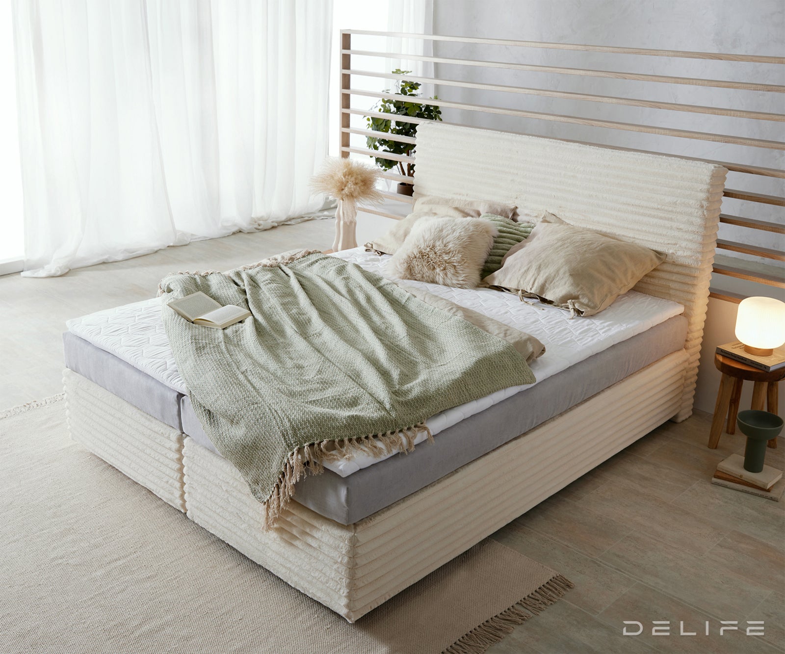 Postelja Dream Well z vzmetnico in nadvložkom, material: Plišasta rebrasta tkanina