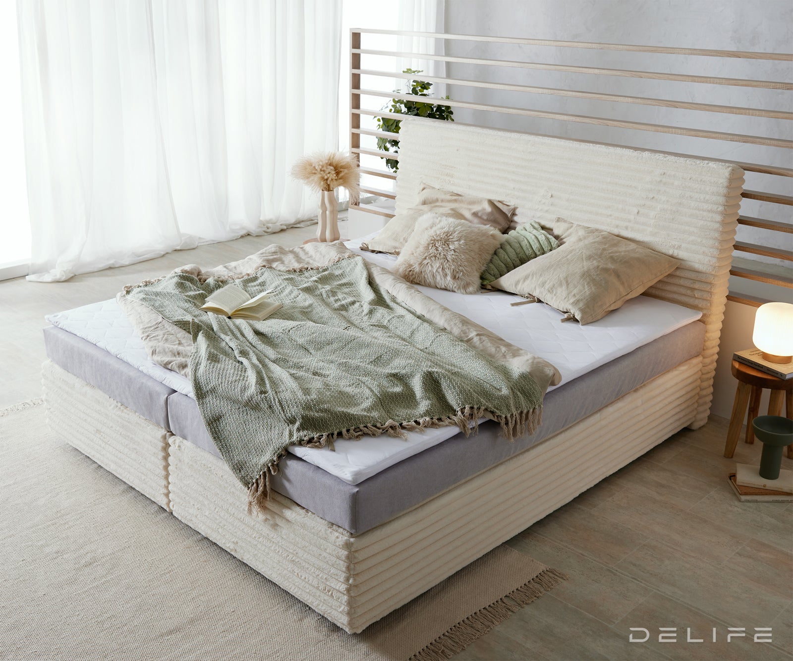 Postelja Dream Well z vzmetnico in nadvložkom, material: Plišasta rebrasta tkanina