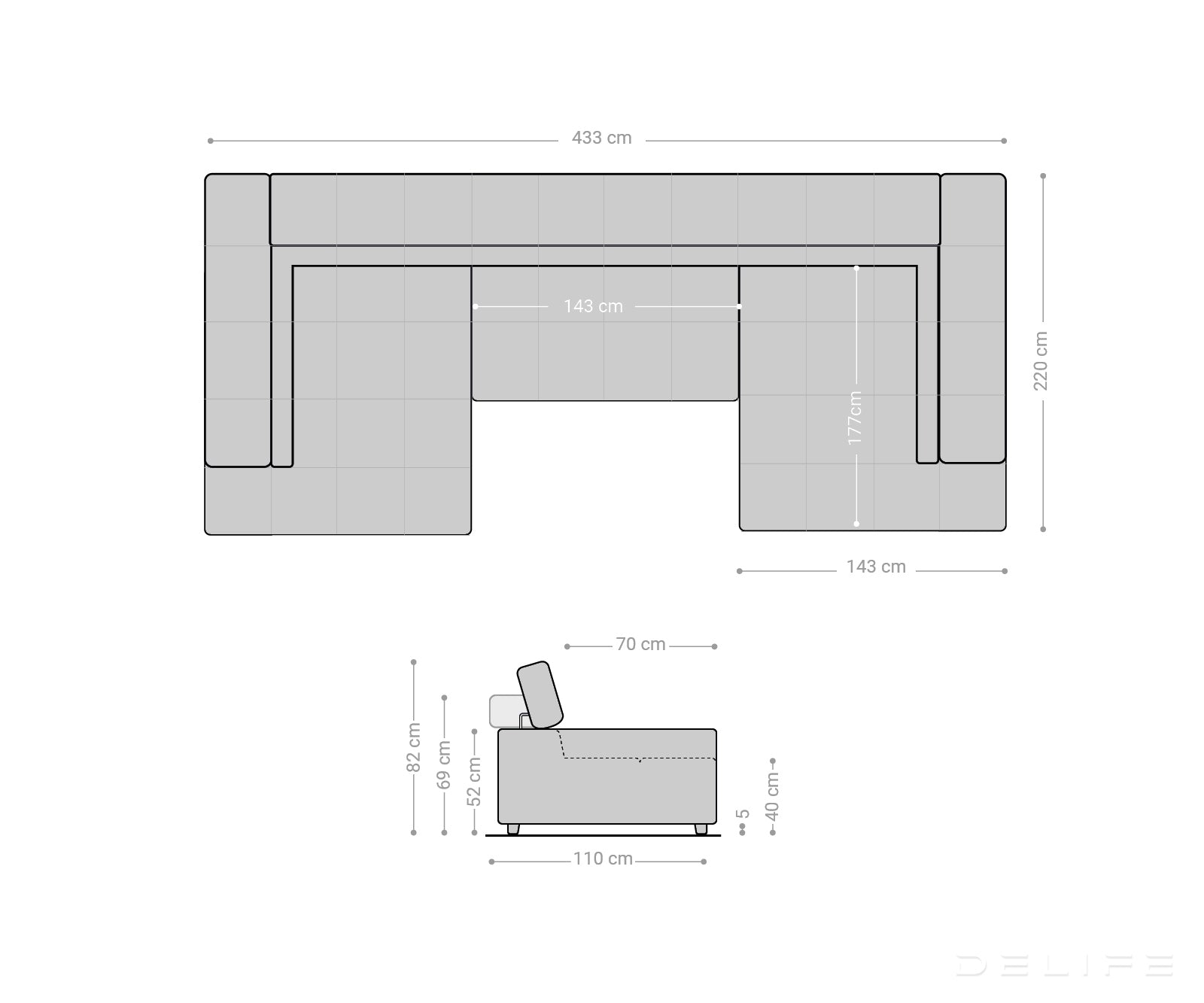 Kotna sedežna garnitura Phia 433x220cm, Material: Velur