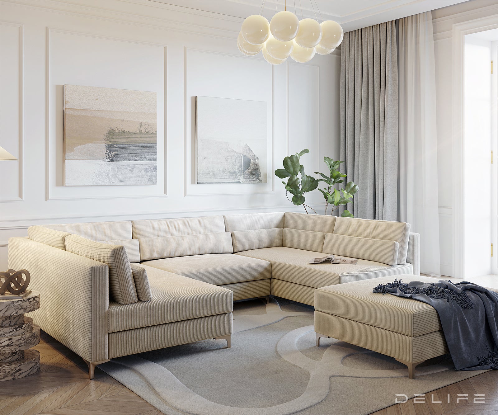 Kotna sedežna garnitura Elio 300x185cm, Material: Rebrasta tkanina