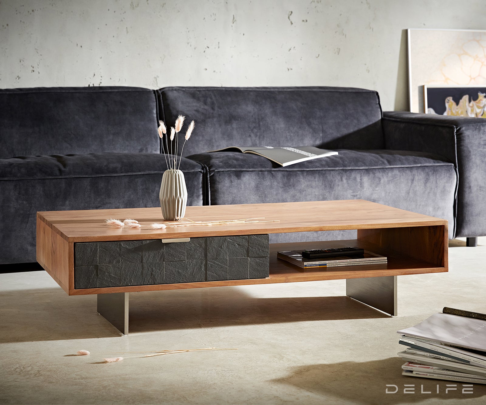 Klubska mizica Teele 115x60cm, 2 predala, Material: akacija