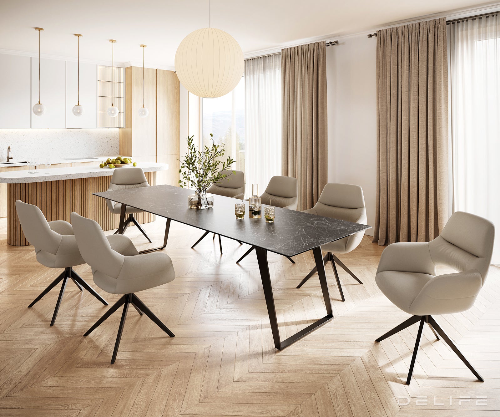 Jedilna miza z robom 300x100cm, Material: Keramika Laminam Nero Greco