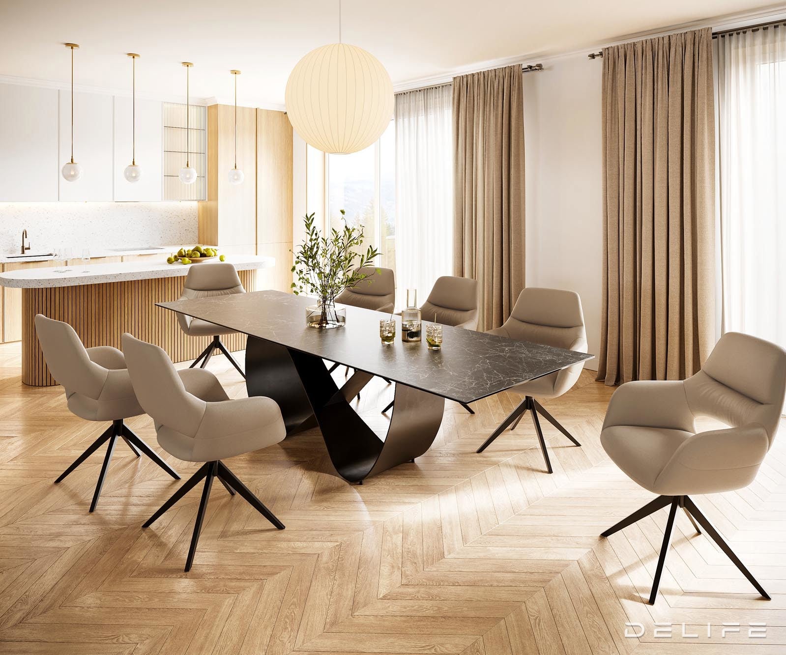 Jedilna miza z robom 300x100cm, Material: Keramika Laminam Nero Greco