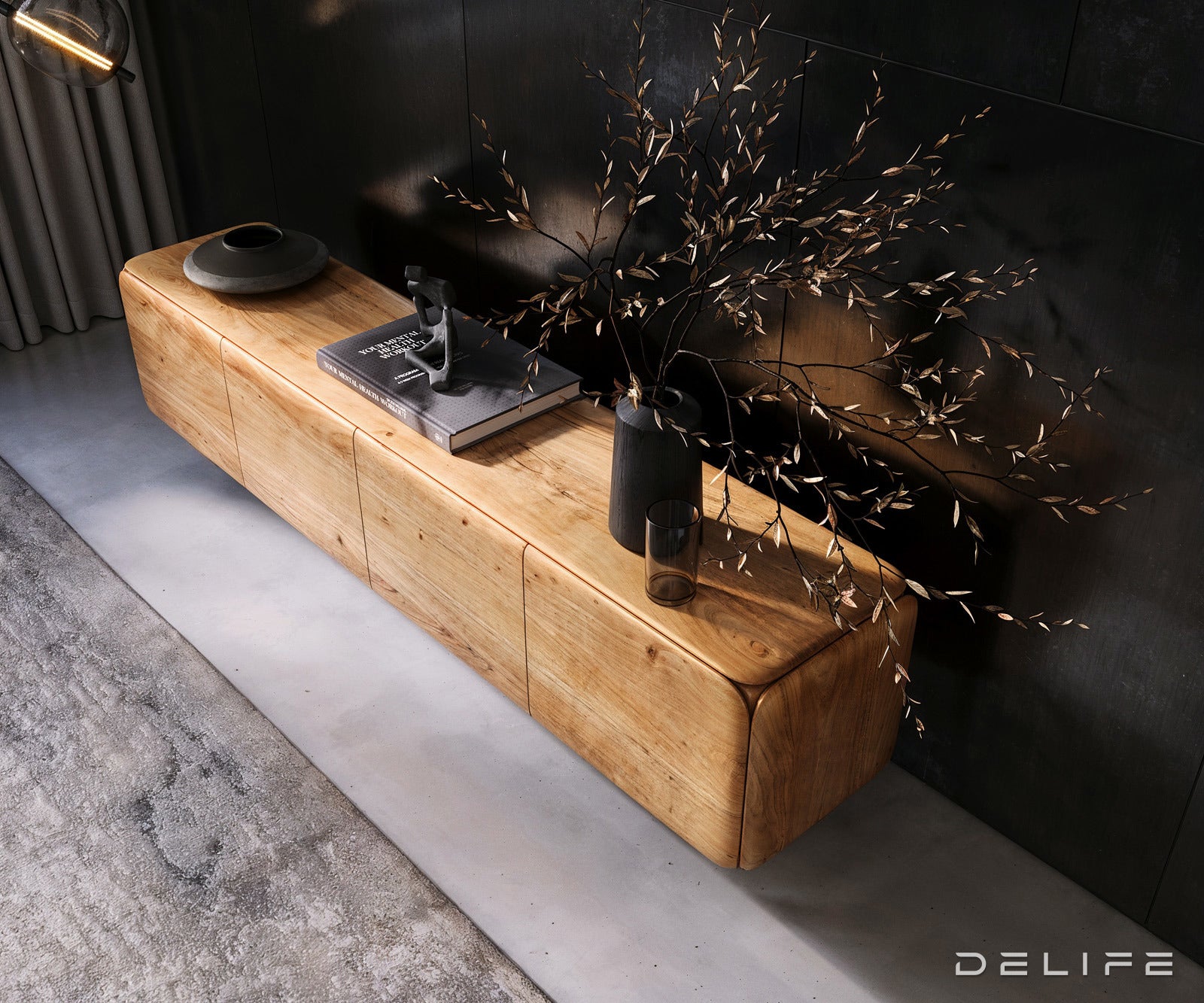 Viseča TV omarica Shavani 200x40cm, Material: akacija