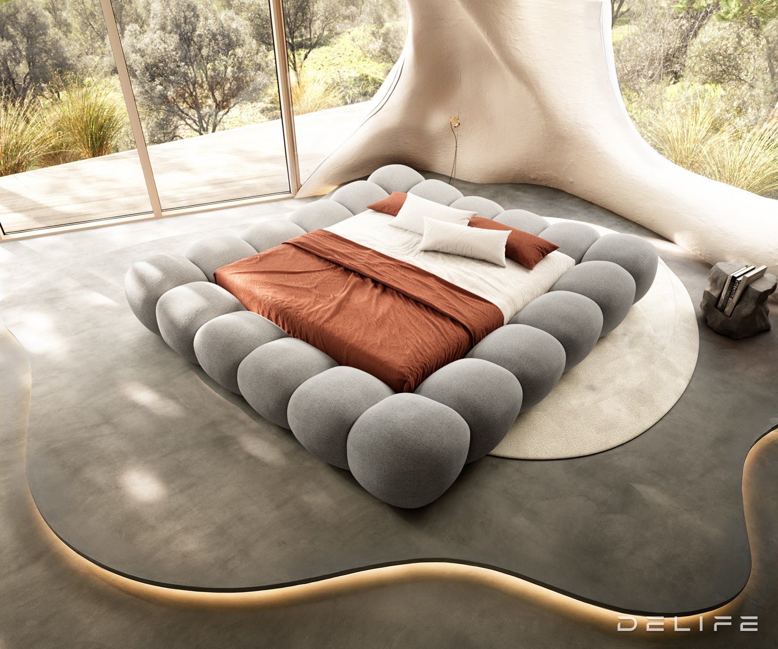 Posteljni okvir Perlla, material: strukturirana tkanina