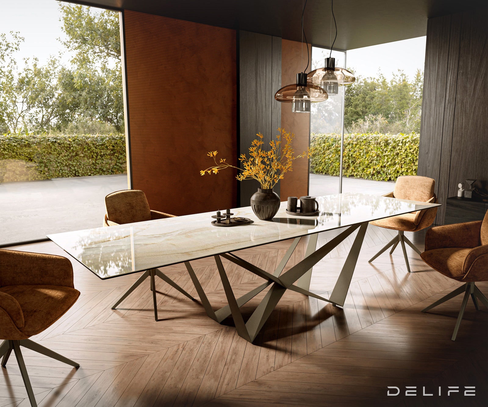 Jedilna miza z robom 300x100cm, Material: Keramika Laminam Onice Oro