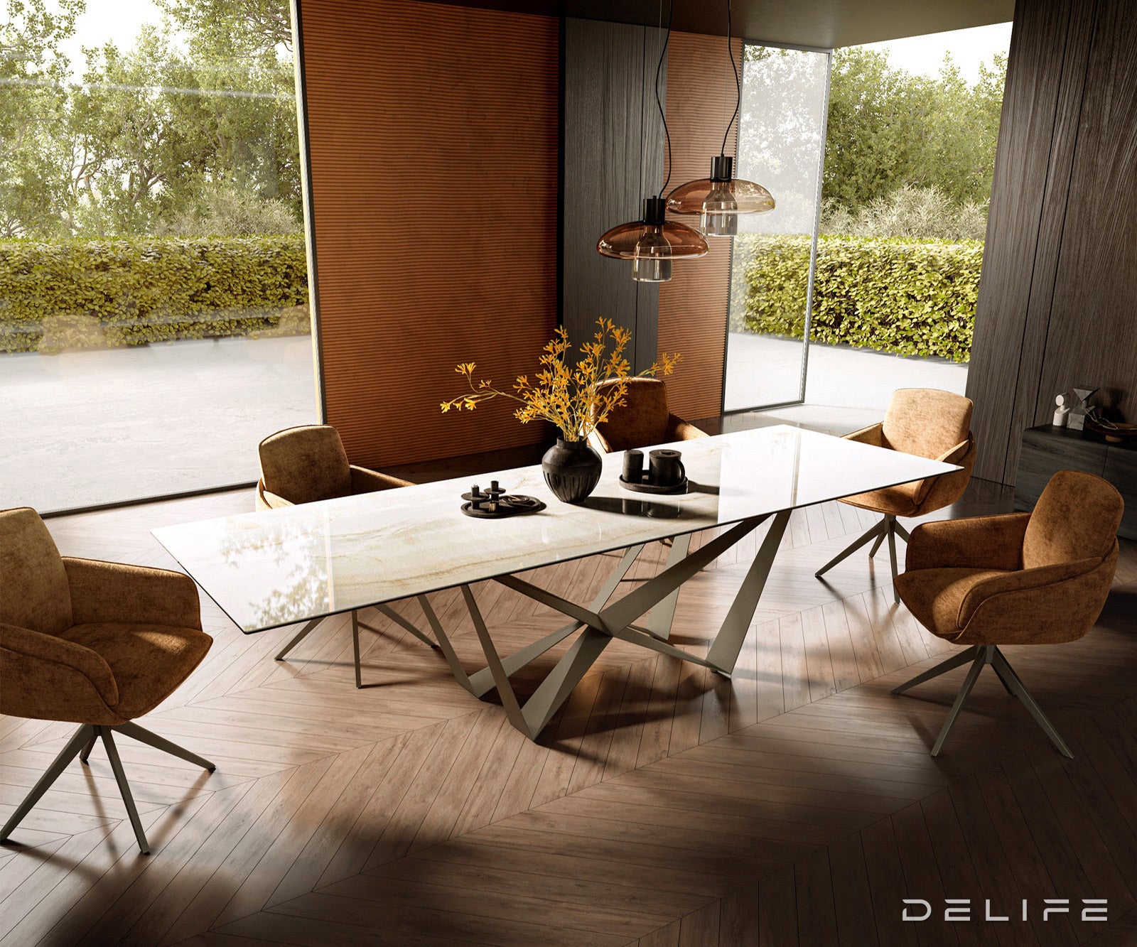 Jedilna miza z robom 300x100cm, Material: Keramika Laminam Onice Oro