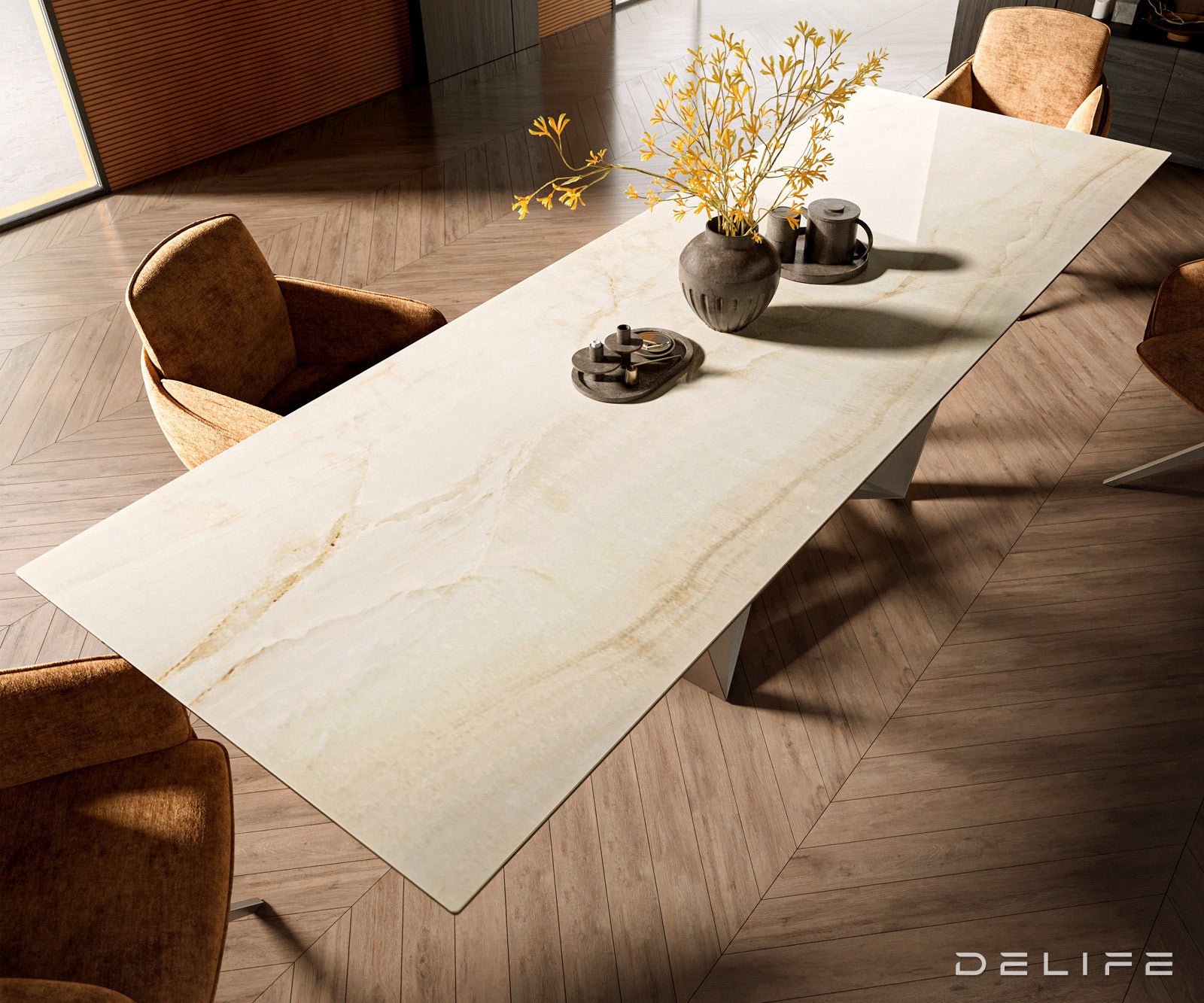 Jedilna miza z robom 300x100cm, Material: Keramika Laminam Onice Oro