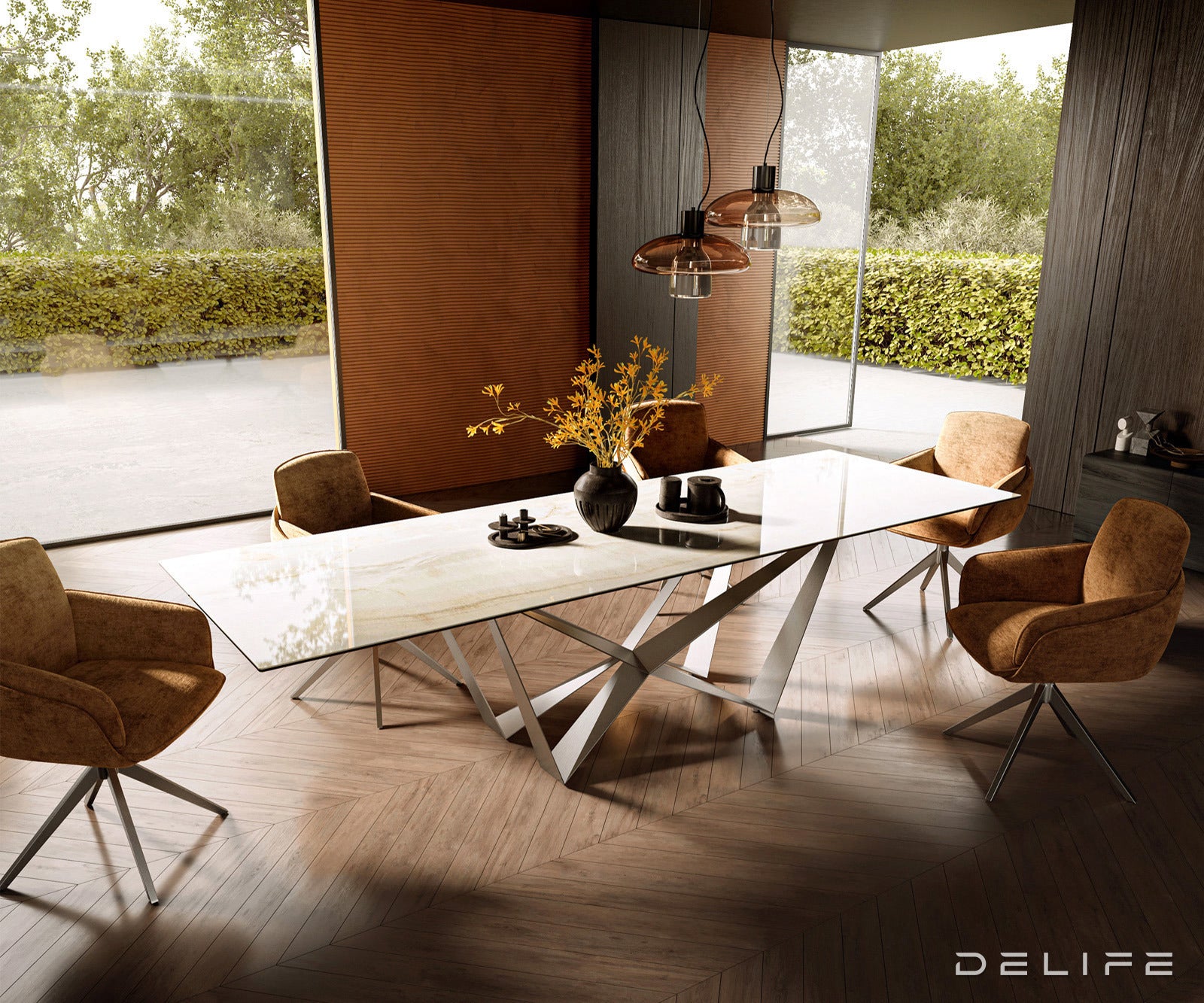 Jedilna miza z robom 300x100cm, Material: Keramika Laminam Onice Oro