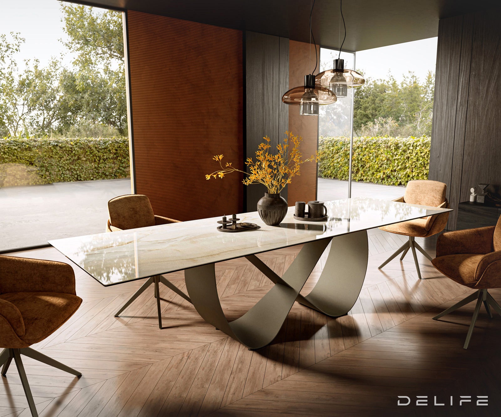 Jedilna miza z robom 300x100cm, Material: Keramika Laminam Onice Oro