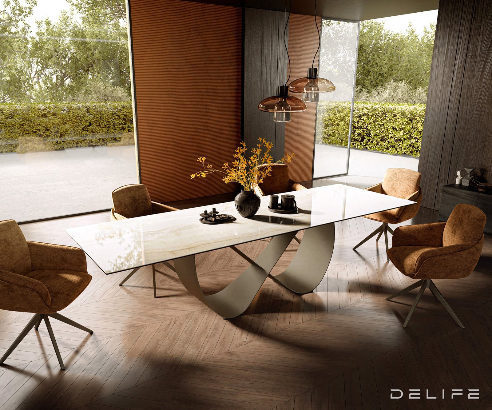 Jedilna miza z robom 300x100cm, Material: Keramika Laminam Onice Oro