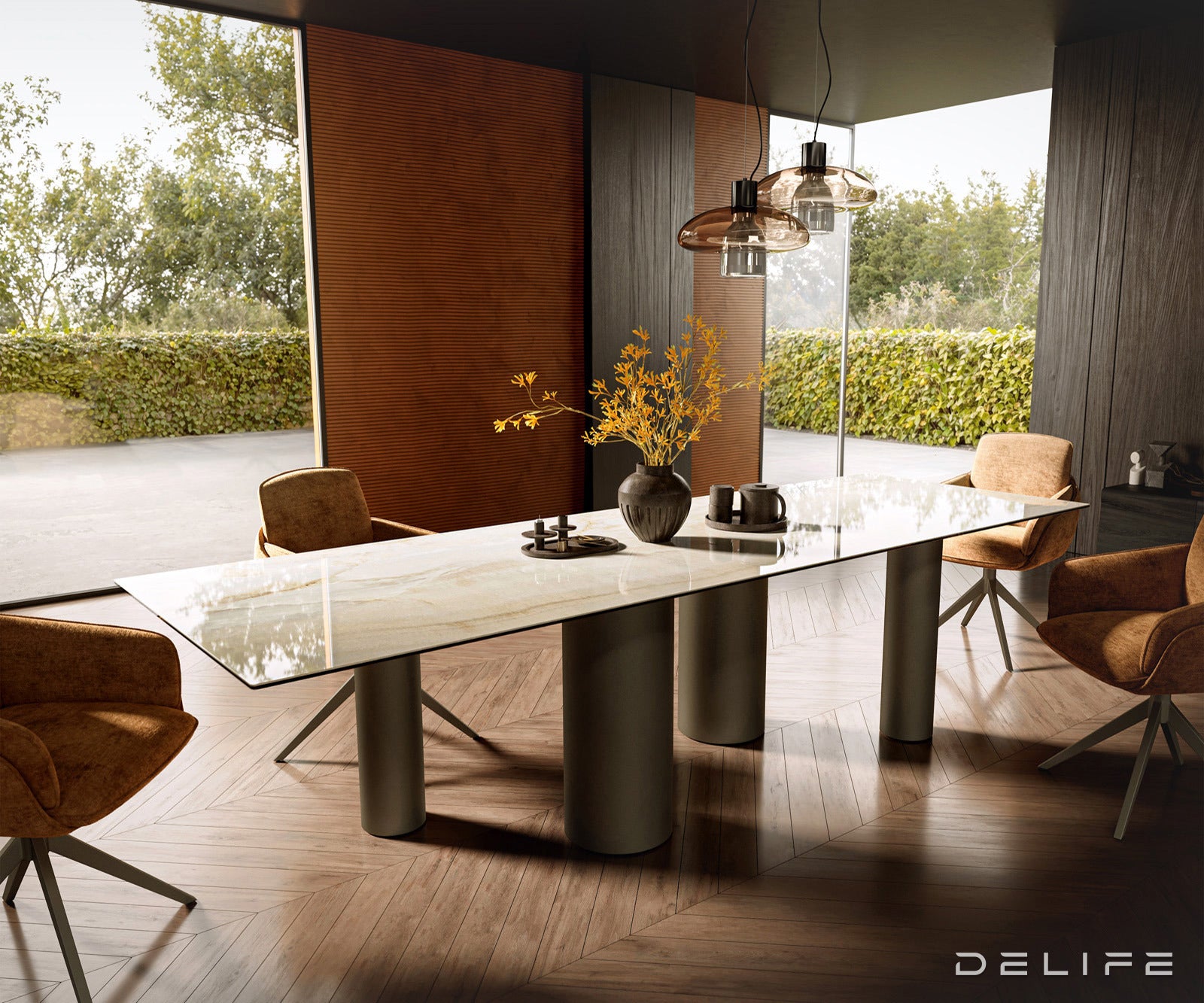 Jedilna miza z robom 300x100cm, Material: Keramika Laminam Onice Oro