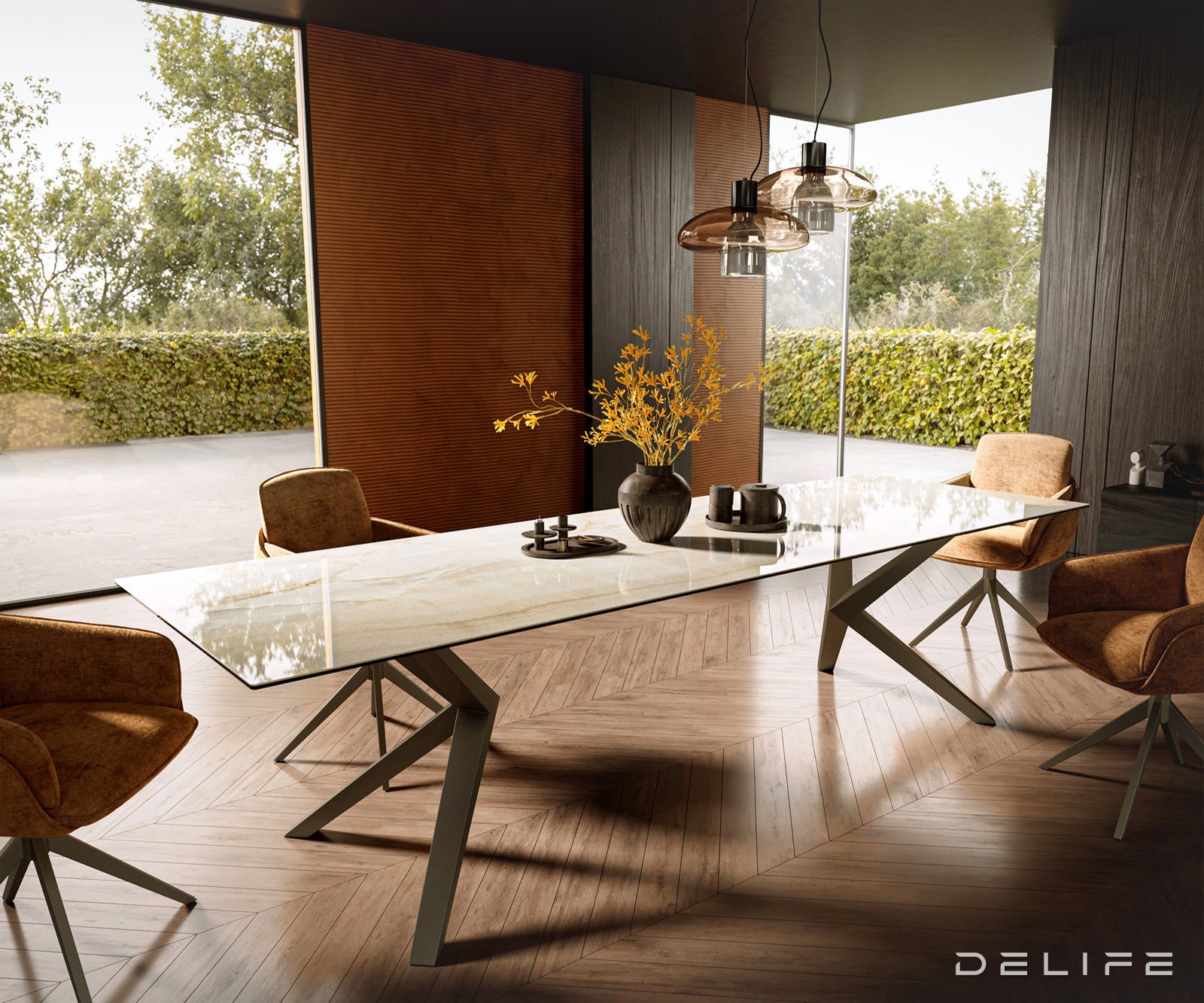 Jedilna miza z robom 300x100cm, Material: Keramika Laminam Onice Oro