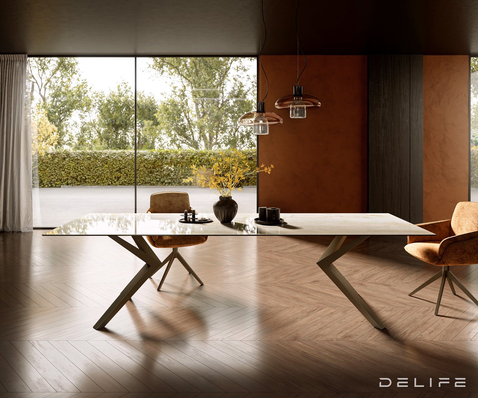 Jedilna miza z robom 300x100cm, Material: Keramika Laminam Onice Oro