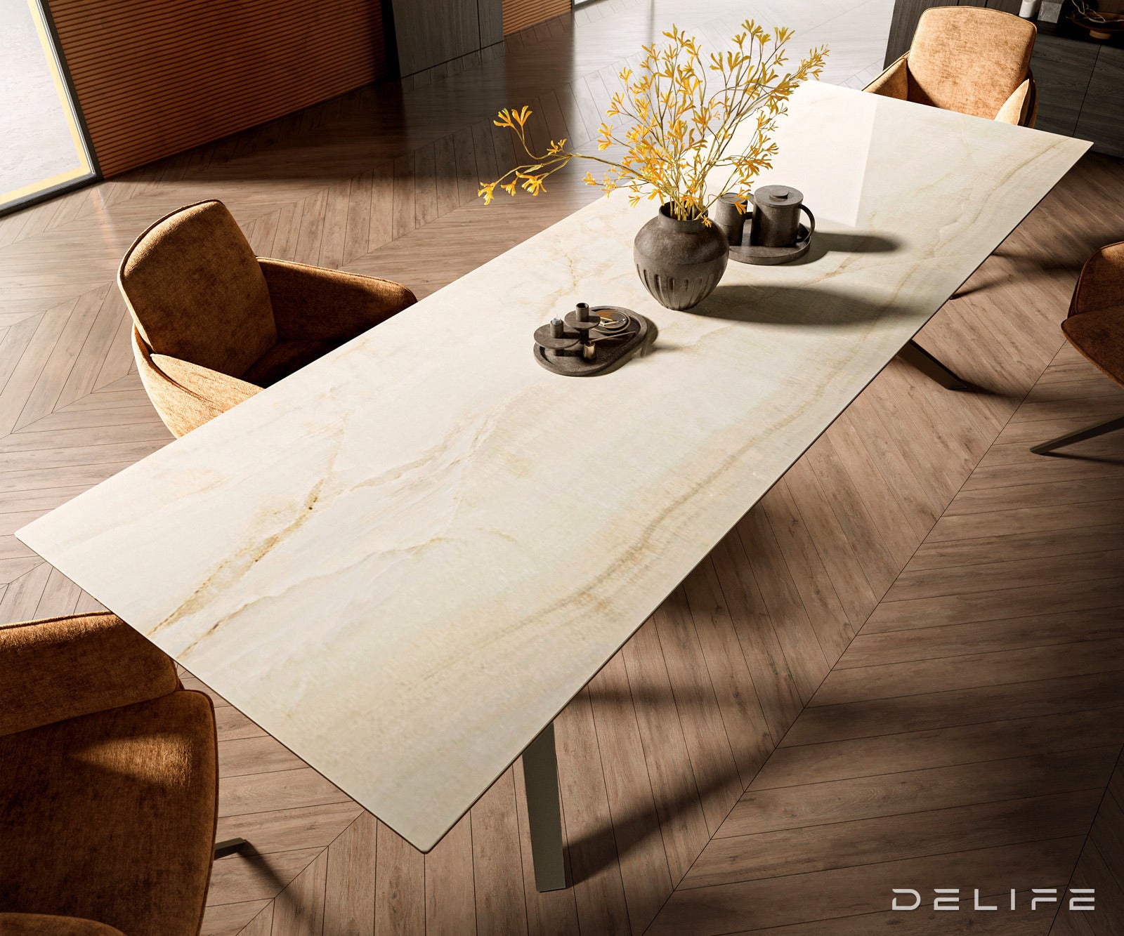 Jedilna miza z robom 300x100cm, Material: Keramika Laminam Onice Oro