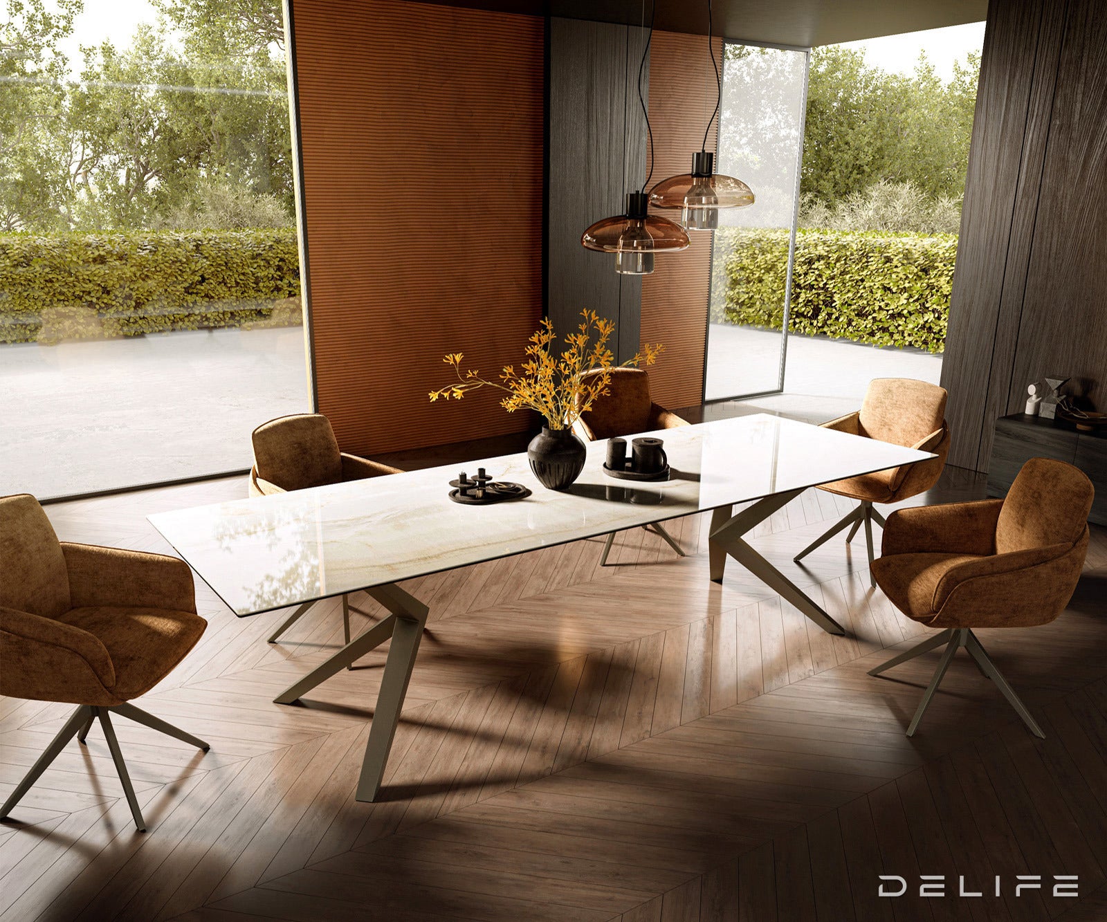 Jedilna miza z robom 300x100cm, Material: Keramika Laminam Onice Oro