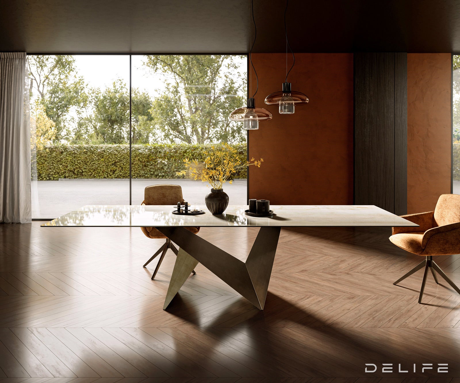 Jedilna miza z robom 300x100cm, Material: Keramika Laminam Onice Oro